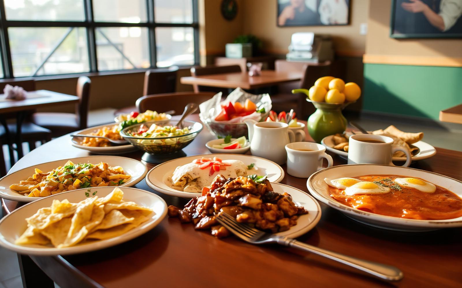 Buffet a la mesa de El Jarro con chilaquiles, huevos rancheros y fruta fresca
