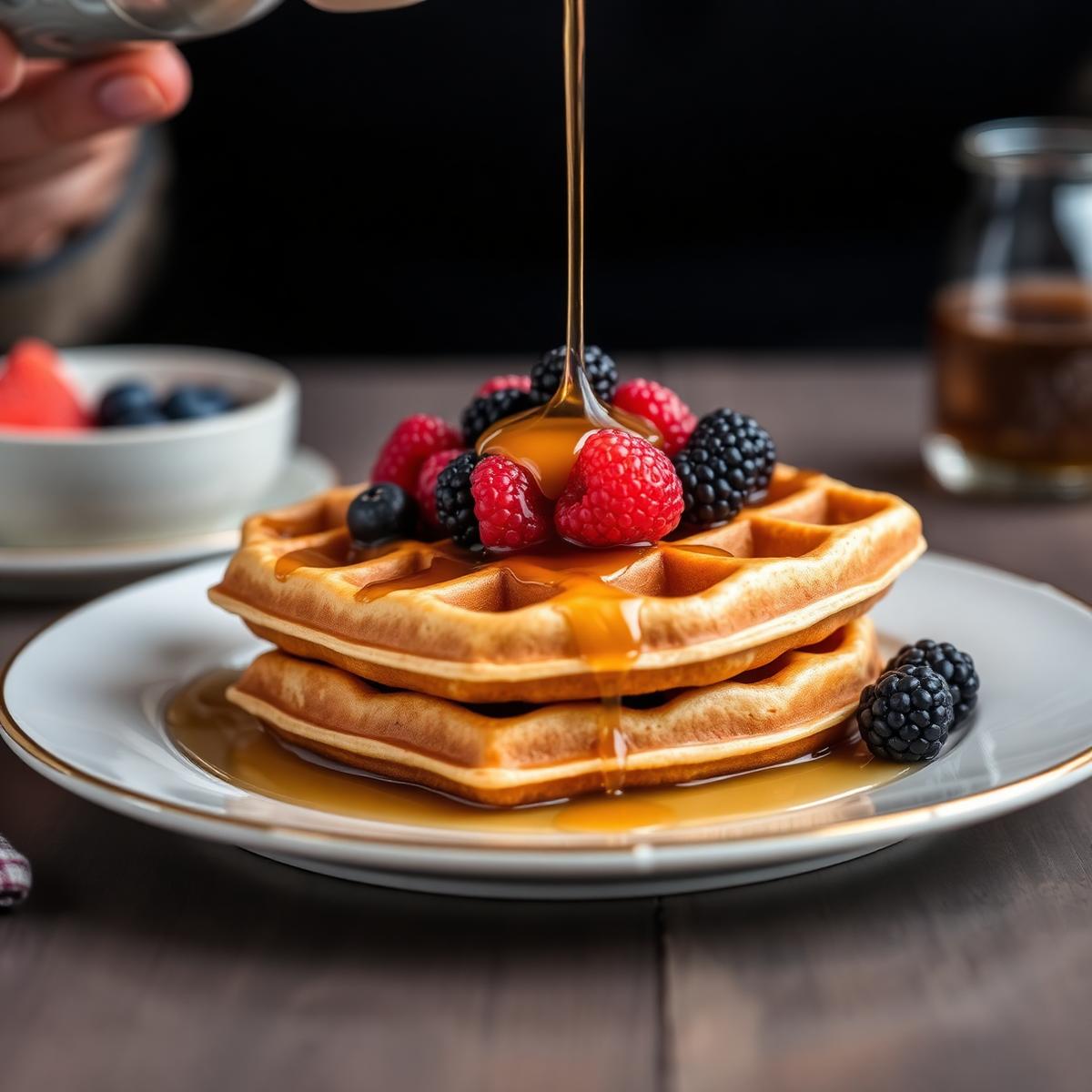 Waffles dorados con frutos rojos y miel de maple